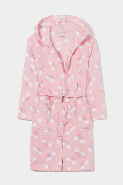 Peignoir pilou ceinturé à capuche rose fille