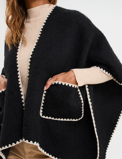 Poncho avec liser&eacute;s contrast&eacute;s noir femme
