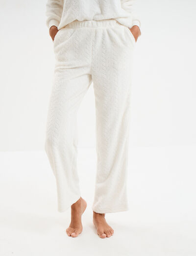 Pantalon effet polaire d&eacute;tails torsades blanc femme