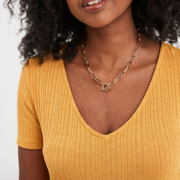 T-shirt col en V côtelé jaune moutarde femme