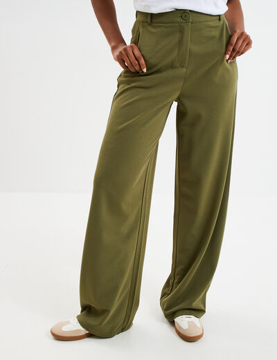 Pantalon large fluide taille élastiquée vert kaki femme
