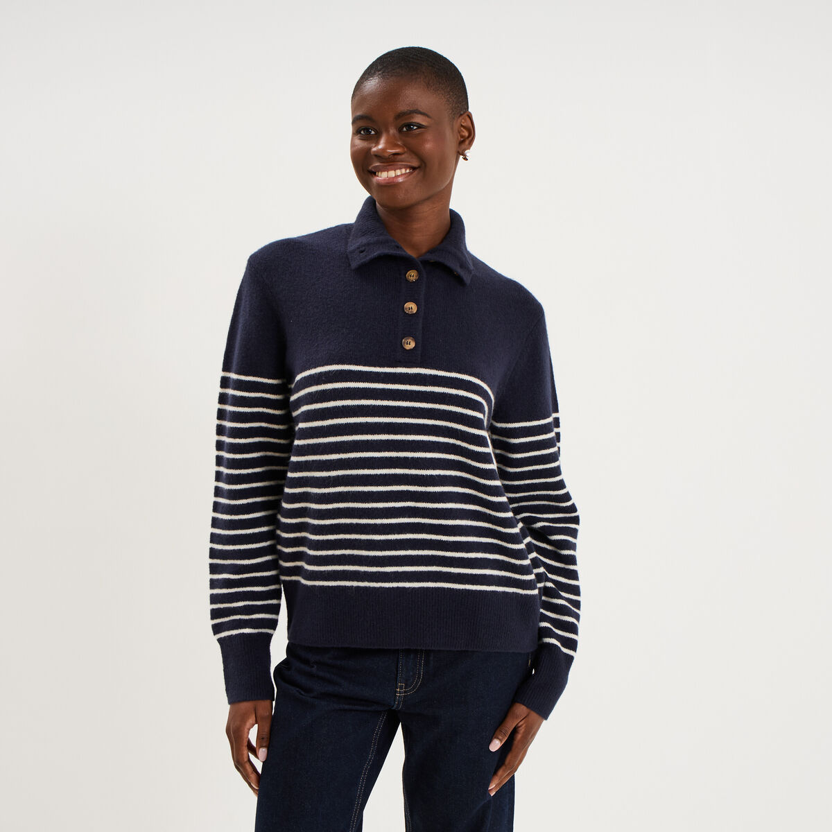 Pull col camionneur manches longues bleu marine femme