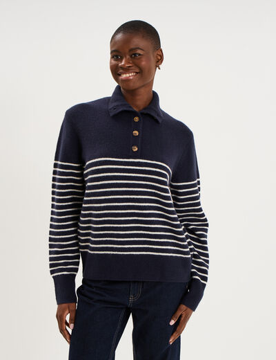 Pull col camionneur manches longues bleu marine femme