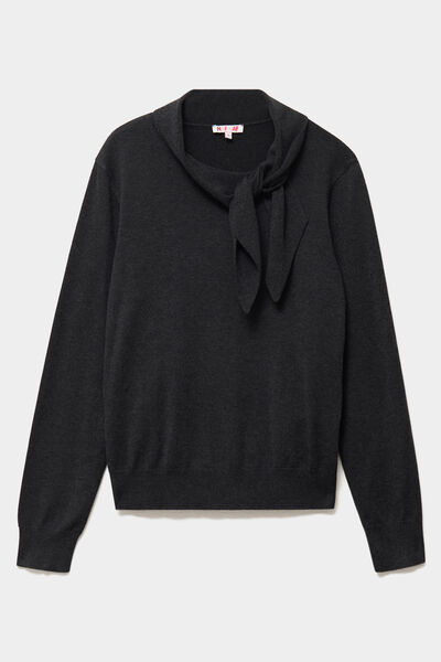 Pull fin col &eacute;charpe manches longues gris fonc&eacute; femme