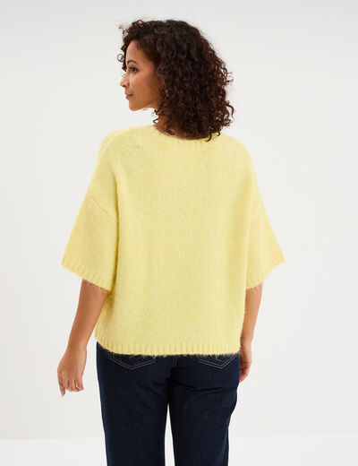 Pull col rond manches courtes jaune clair femme