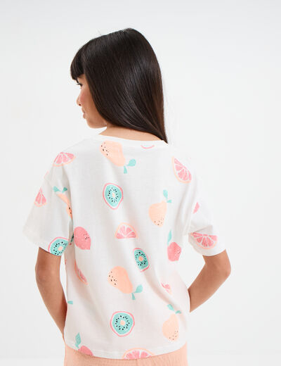 T-shirt col rond manches courtes coton ecru fille