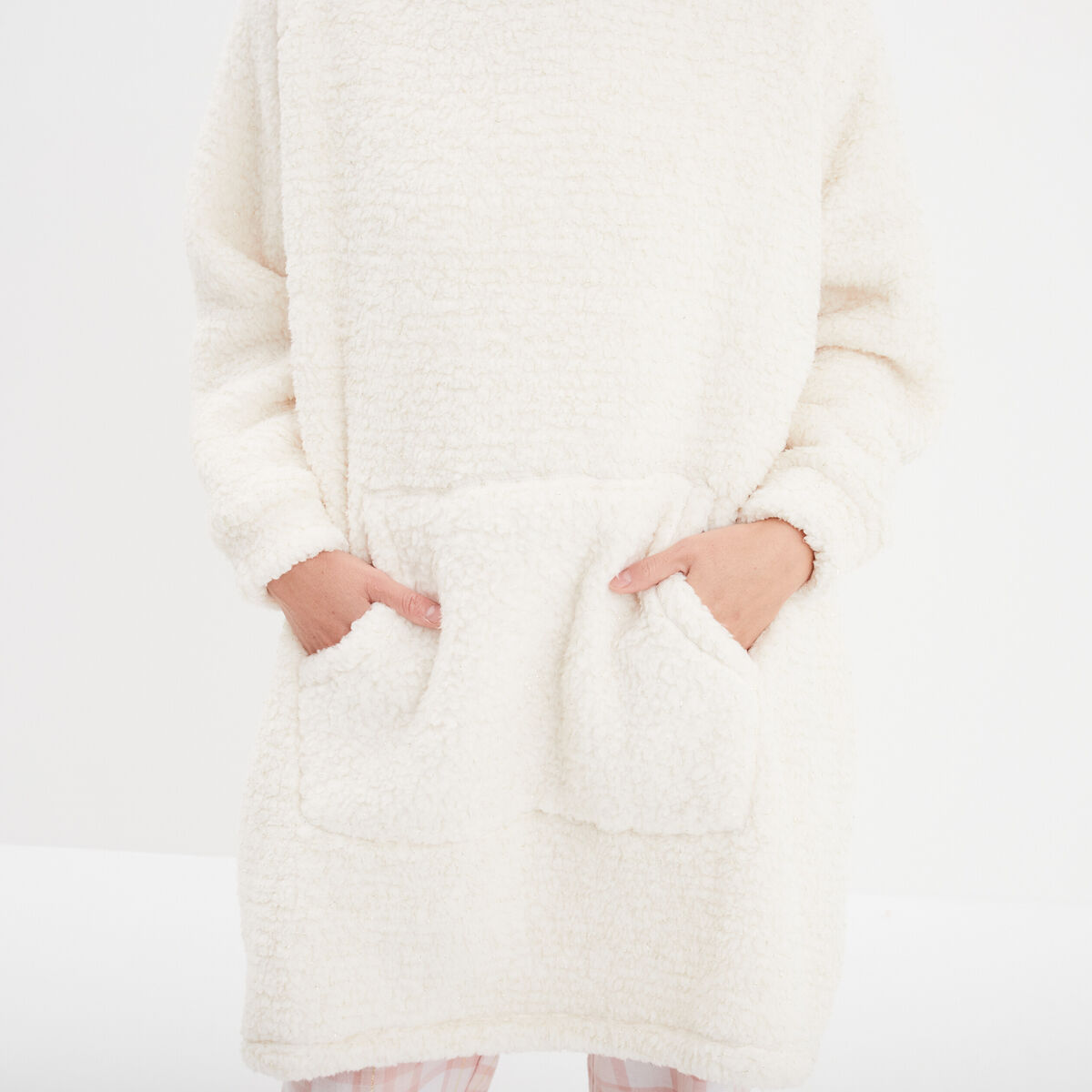 Poncho plaid &agrave; capuche effet polaire ivoire femme