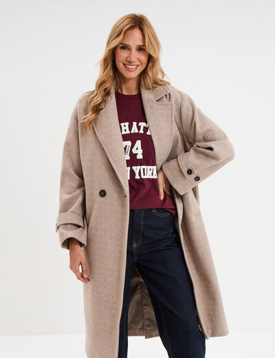 Manteau long boutonn&eacute; beige femme