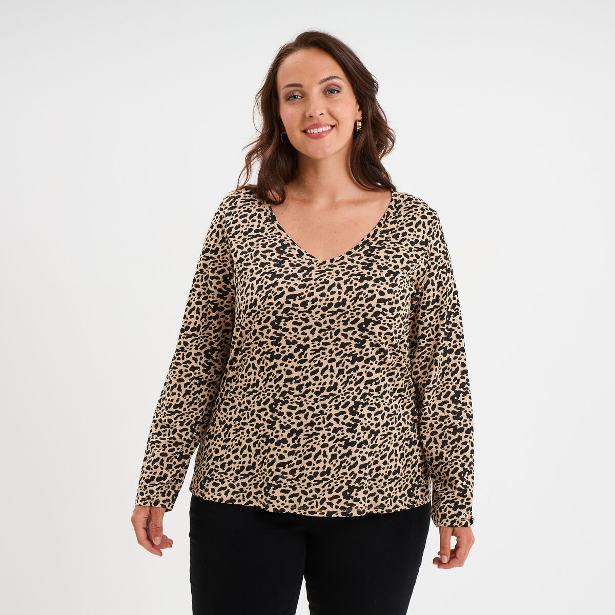 T-shirt col en V manches longues coton beige femme grande taille