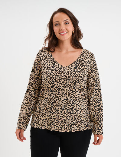 T-shirt col en V manches longues coton beige femme grande taille