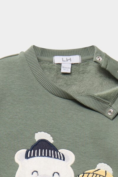 Sweat molletonn&eacute; &eacute;paule boutonn&eacute;e vert kaki b&eacute;b&eacute; gar&ccedil;on
