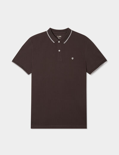 Polo manches courtes bords contrastés marron foncé homme