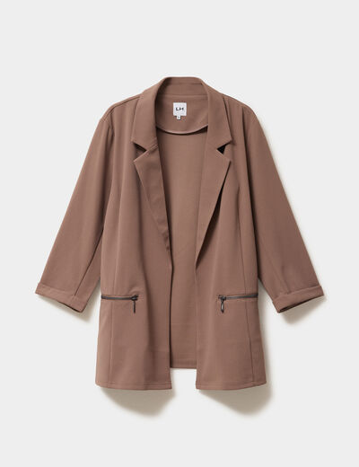 Veste blazer maille cr&ecirc;pe manches 3/4 marron clair femme grande taille