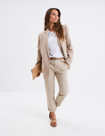 Pantalon chino 7/8ème ceinture tressée beige femme