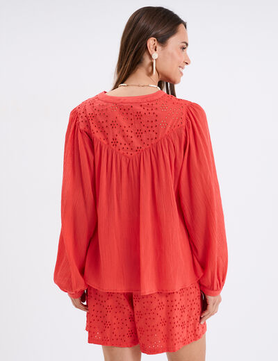 Blouse col tunisien broderie anglaise rouge femme