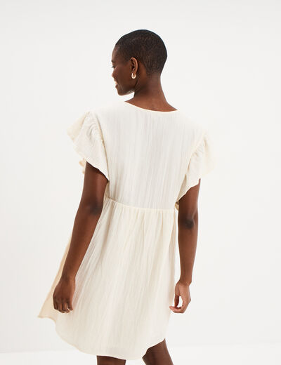 Robe brod&eacute;e manches volants coton creme femme