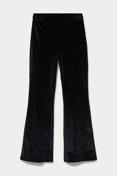 Pantalon flare effet velours &agrave; strass noir fille