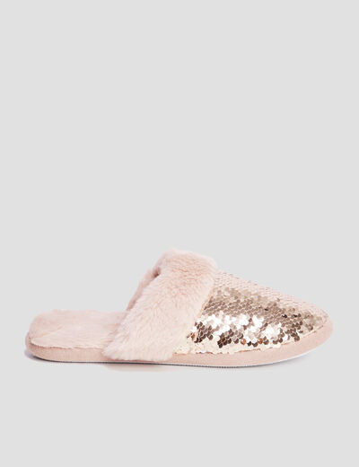 Chaussons mules sequins et fourrure jaune or femme