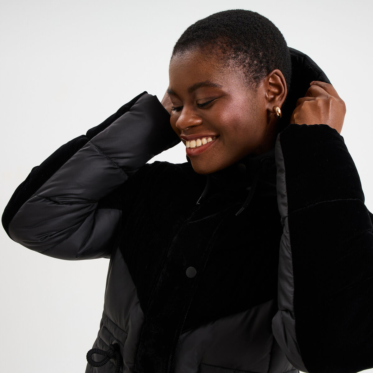 Doudoune bi-mati&egrave;re effet velours noir femme