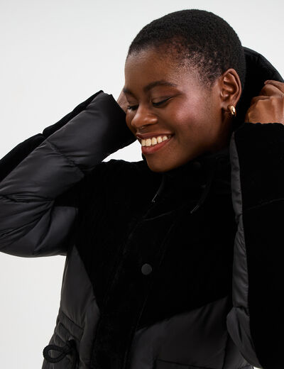 Doudoune bi-mati&egrave;re effet velours noir femme