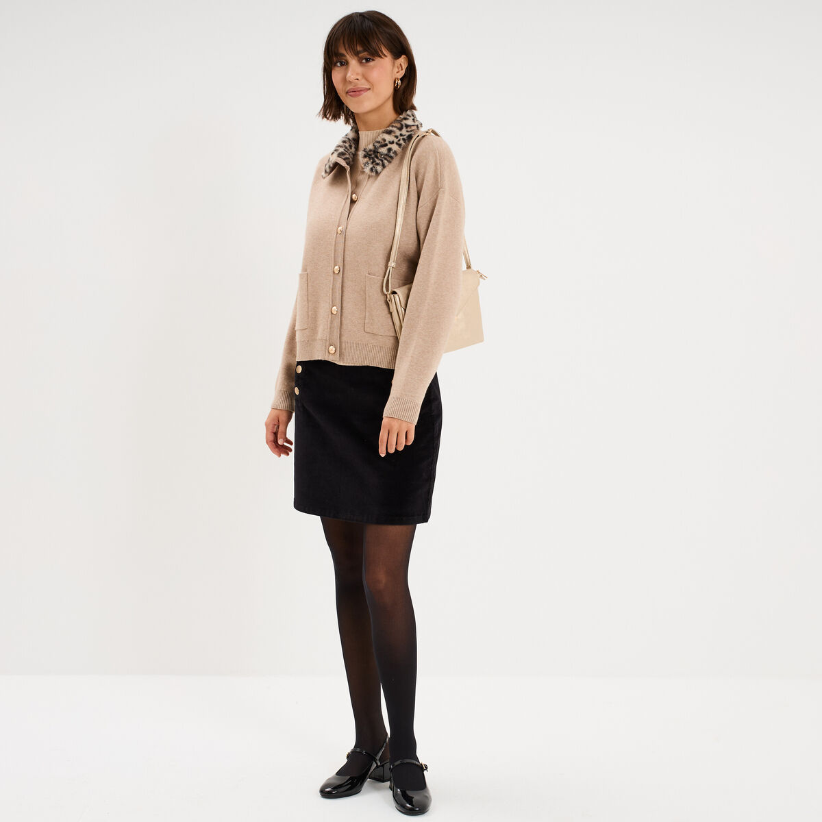Gilet col fausse fourrure amovible ecru femme