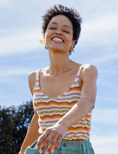 Débardeur tricot ajouré col en V blanc femme