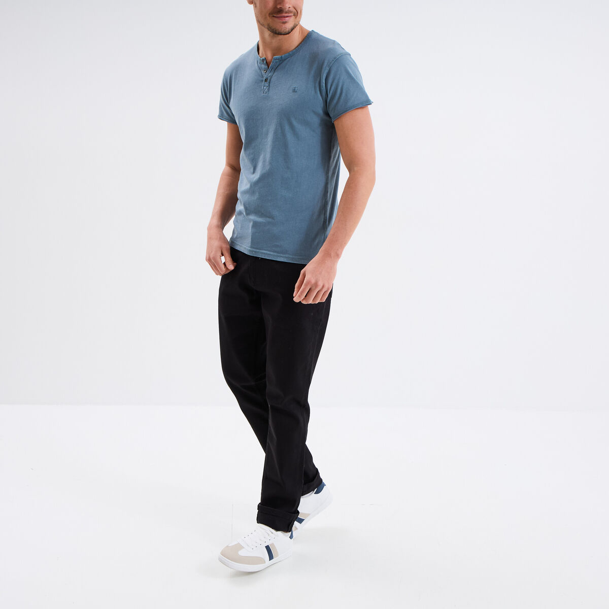 T-shirt col tunisien manches courtes bleu gris homme