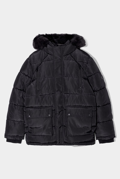 Doudoune à capuche doublure fourrure noir homme