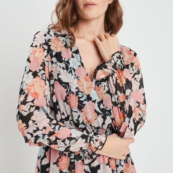 Robe longue fluide col cache-coeur noir femme