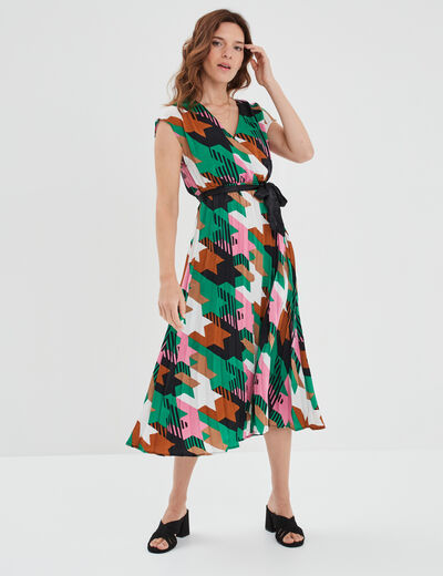 Robe longue évasée plissée et ceinturée ecru femme
