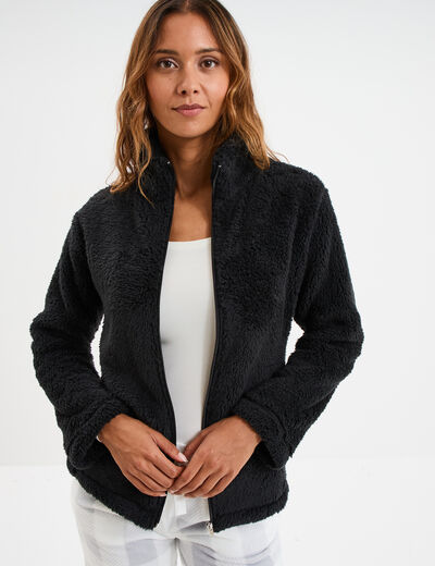 Veste effet polaire col montant noir femme