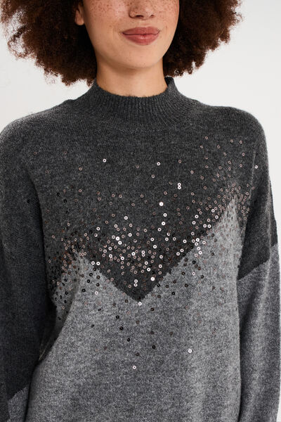 Pull col montant &agrave; sequins oversize gris fonc&eacute; femme