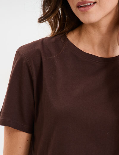 T-shirt col rond manches courtes coton marron foncé femme