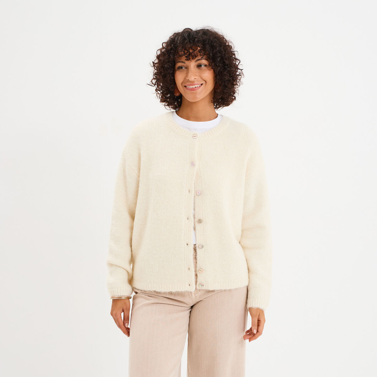 Gilet manches longues boutonn&eacute; ecru femme