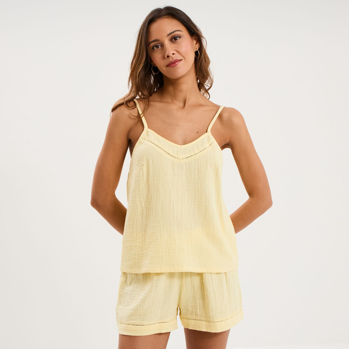 Haut de pyjama d&eacute;bardeur gaze de coton jaune clair femme