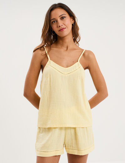Haut de pyjama d&eacute;bardeur gaze de coton jaune clair femme