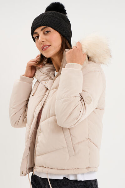 Doudoune doubl&eacute;e capuche fausse fourrure beige femme