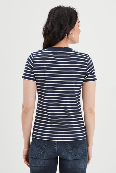T-shirt côtelé col tunisien ivoire femme