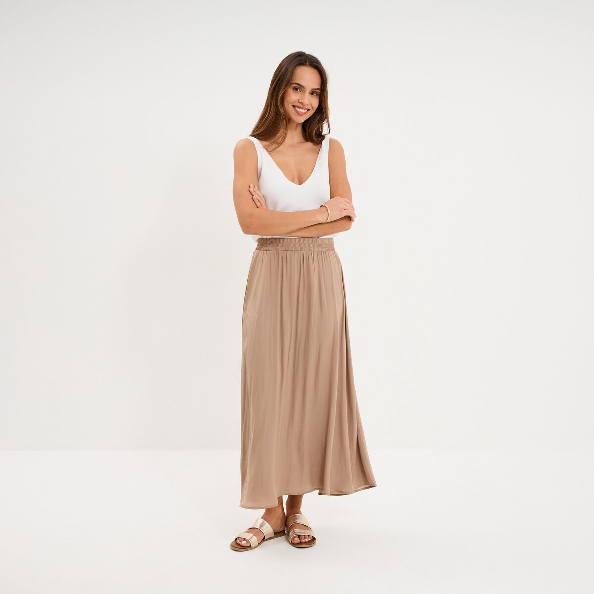 Jupe longue effet satin marron femme