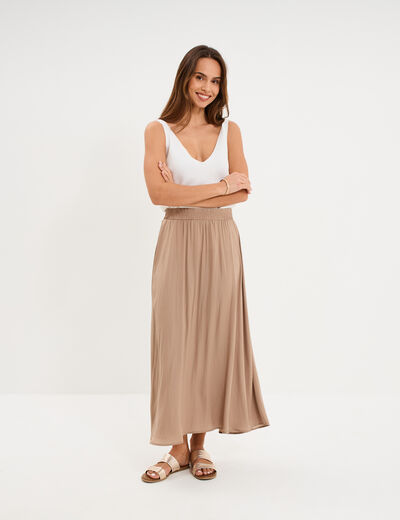 Jupe longue effet satin marron femme