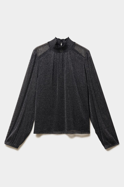 T-shirt fil m&eacute;tallis&eacute; col montant noir femme