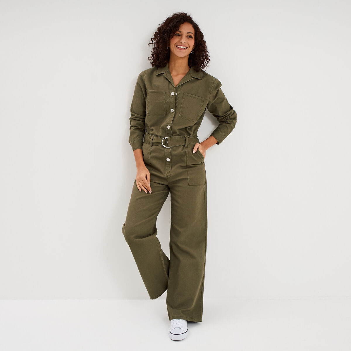 Combinaison pantalon ceintur&eacute;e coton vert kaki femme