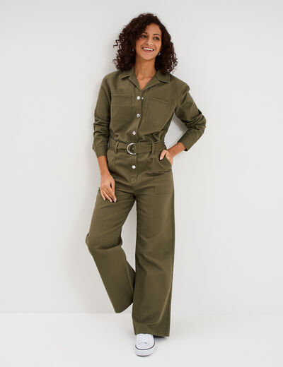 Combinaison pantalon ceintur&eacute;e coton vert kaki femme