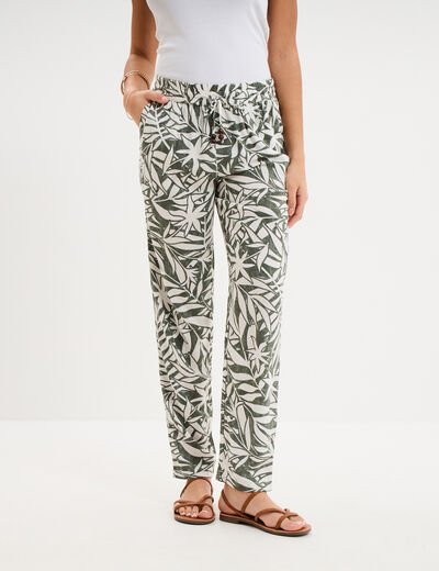 Pantalon cigarette fluide &agrave; ceinture vert kaki femme