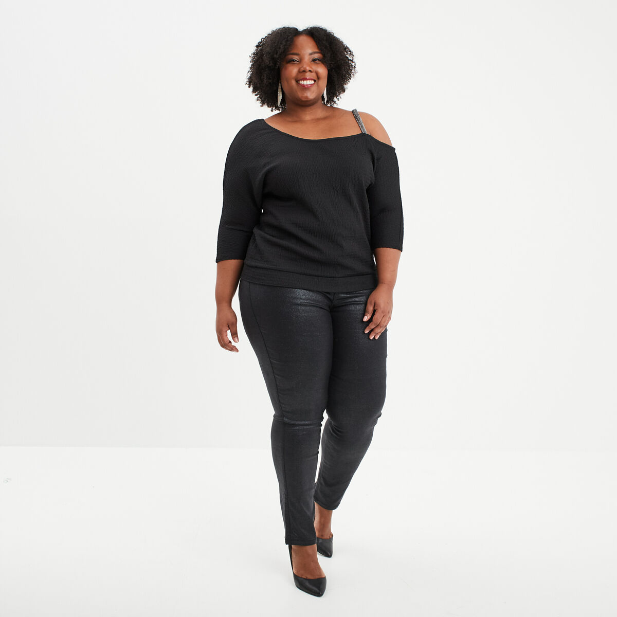 Pantalon slim paillet&eacute; 5 poches noir femme grande taille