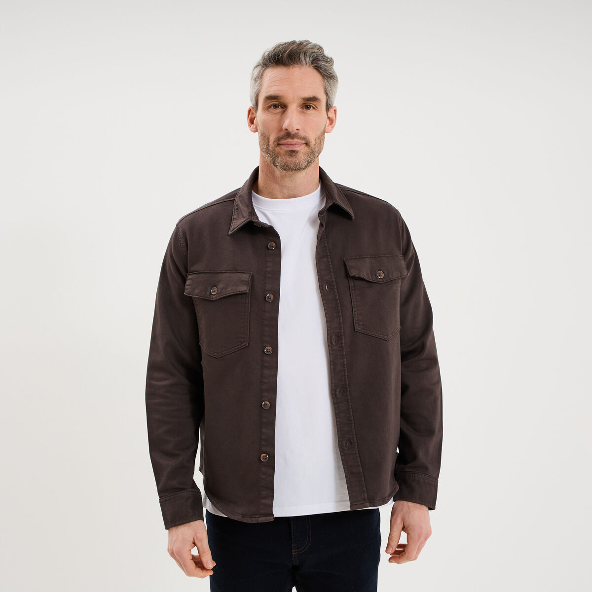 Surchemise droite m&eacute;lange coton stretch marron fonc&eacute; homme