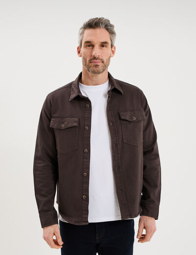 Surchemise droite m&eacute;lange coton stretch marron fonc&eacute; homme