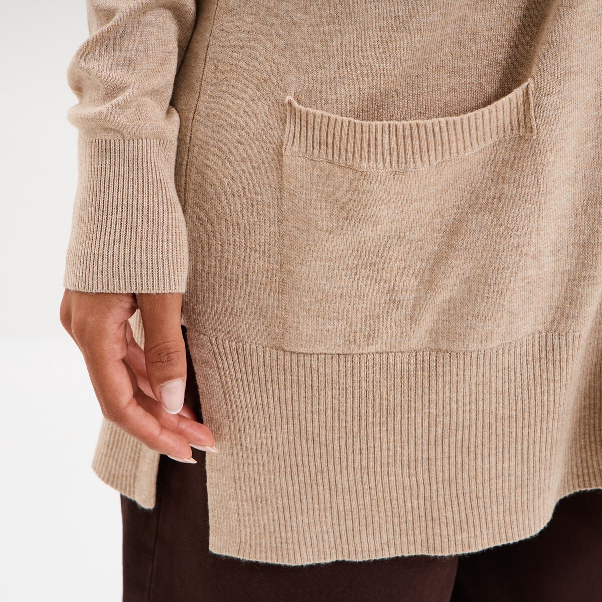 Gilet mi-long manches longues beige femme