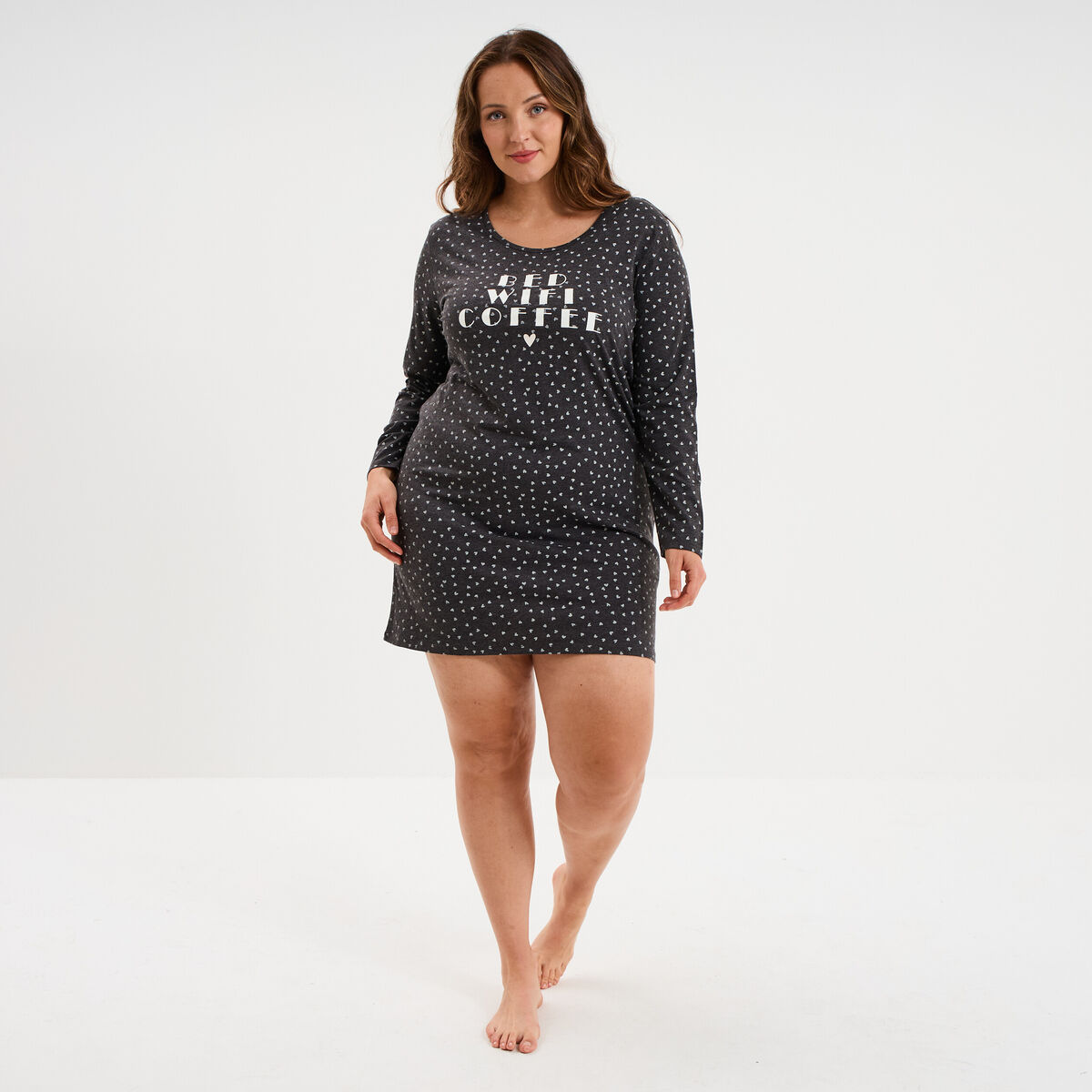 Chemise de nuit manches longues gris fonc&eacute; femme grande taille