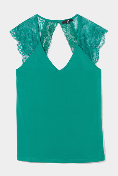 T-shirt col en V dos dentelle vert émeraude femme